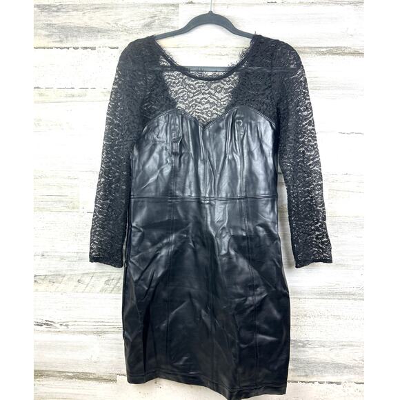 Free People Women’s M Black Faux Leather Lace Colleen Long Sleeve Mini Dress - Picture 1 of 7